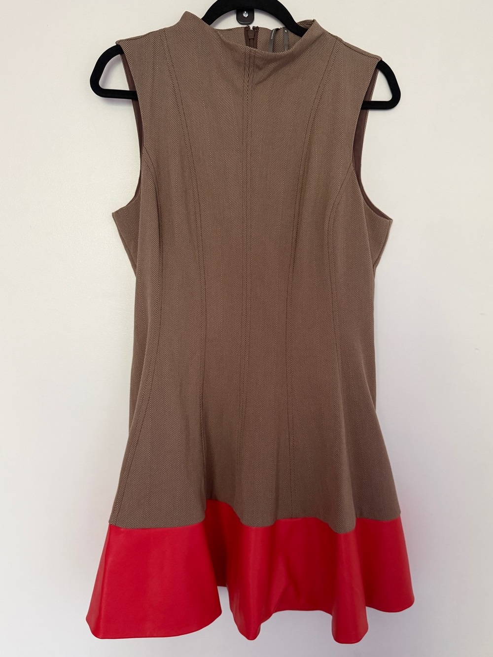 Anthropologie Maeve Brown Mini Fit and Flare Dress with Red Pleather Hem
